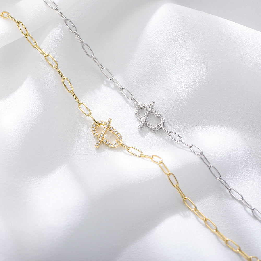 Women Jewelry Zirconia T-Bar Paper Clip Chain Bracelet