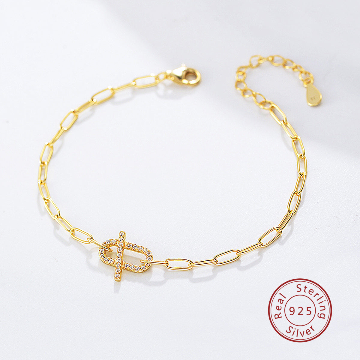Women Jewelry Zirconia T-Bar Paper Clip Chain Bracelet
