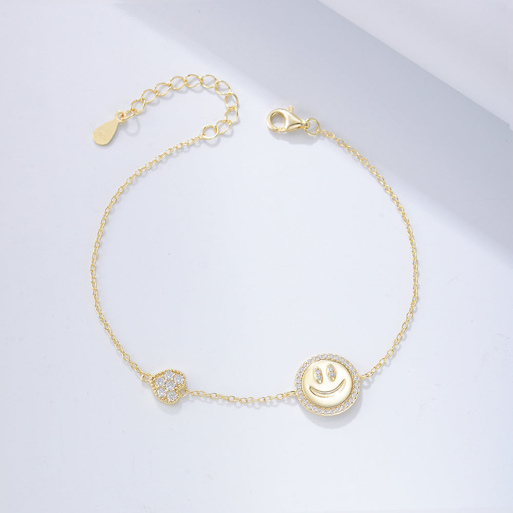 925 Sterling Silver Gold Plated Jewelry Zirconia Heart Charm Smile Bracelet