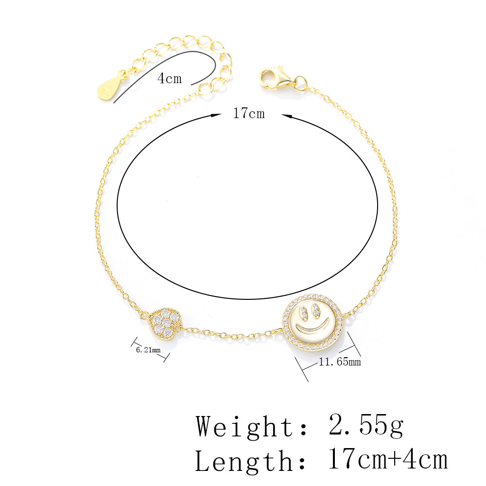 925 Sterling Silver Gold Plated Jewelry Zirconia Heart Charm Smile Bracelet