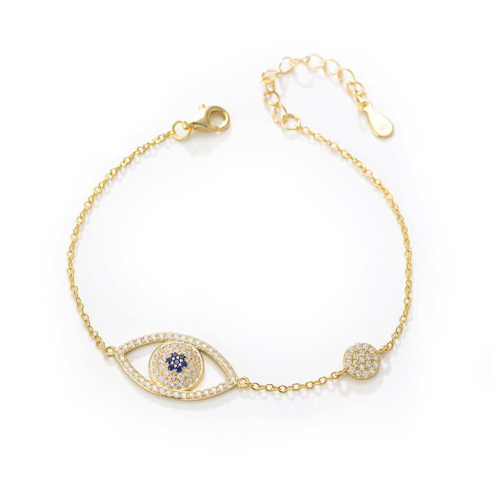 Fashion 925 Sterling Silver Gold Plated CZ Hamsa Evil Eyes Bracelet