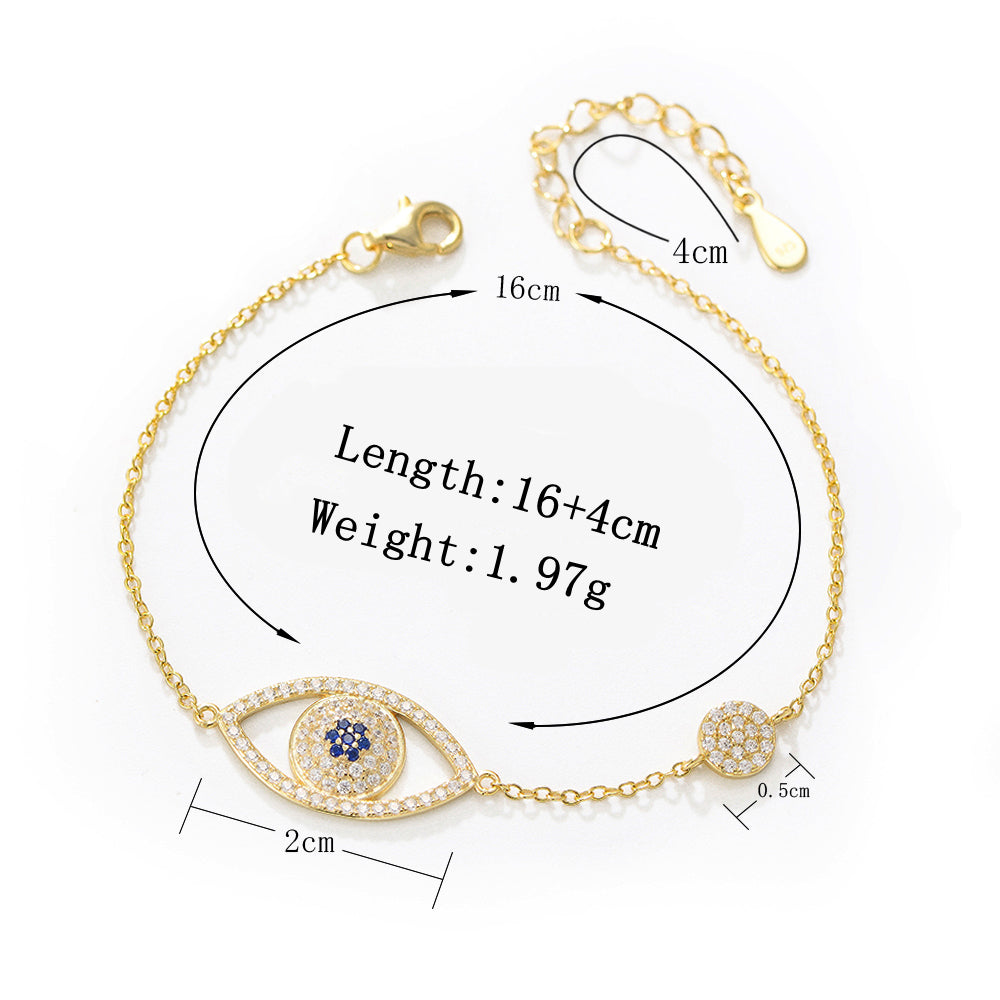 Fashion 925 Sterling Silver Gold Plated CZ Hamsa Evil Eyes Bracelet