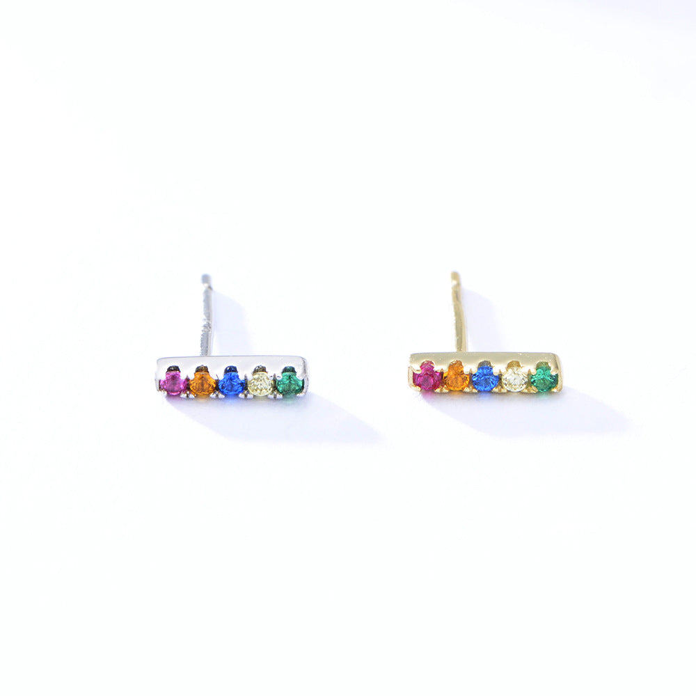 925 Sterling Silver Color Cubic Zirconia Tiny Bar Earrings