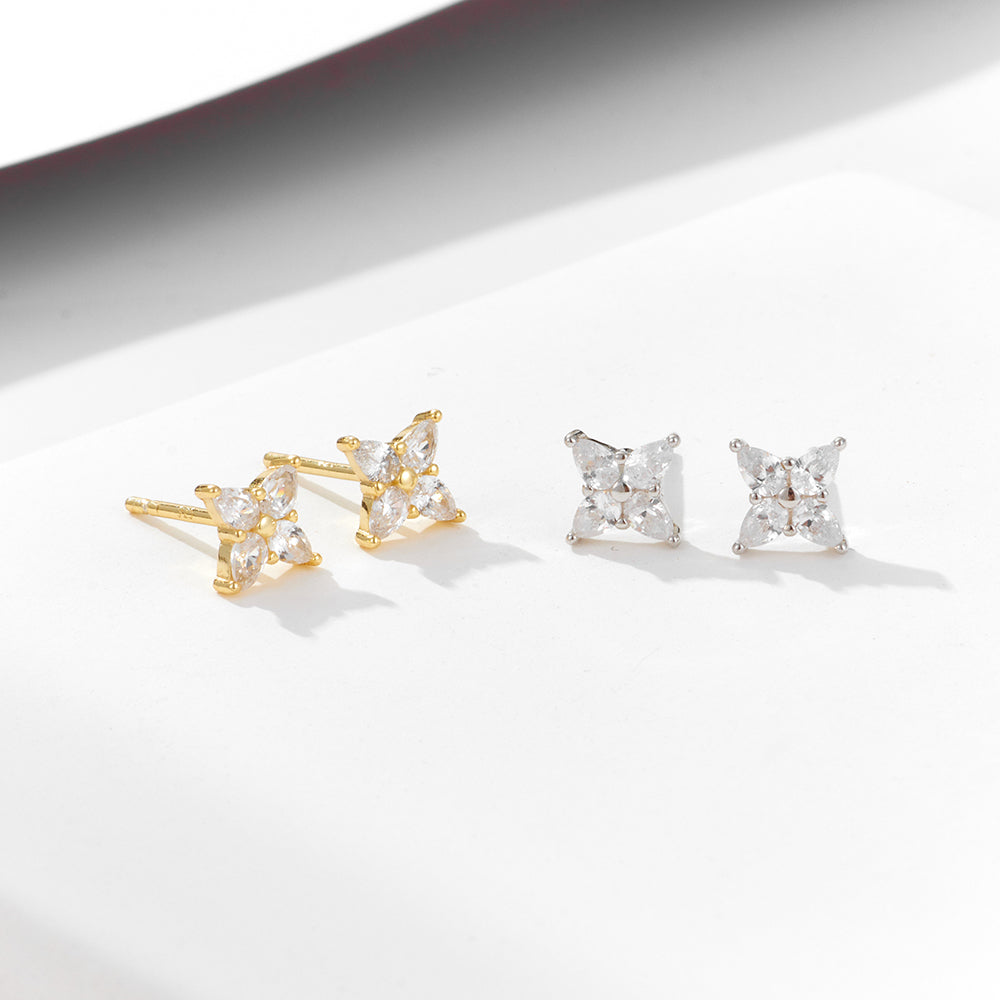 Delicate 925 Sterling Silver 14K Gold Plated Cubic Zirconia Mini Flower Earrings