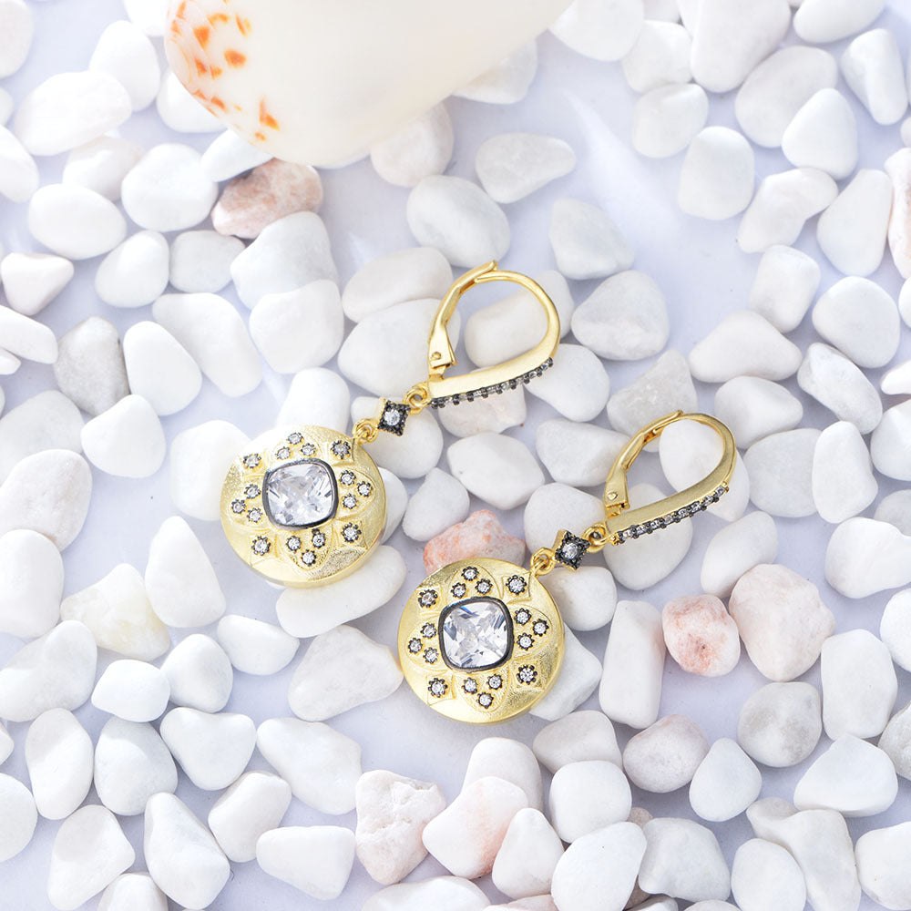 Gold Black Plated Vintage Leopard Round Lever back Drop Religious Earring