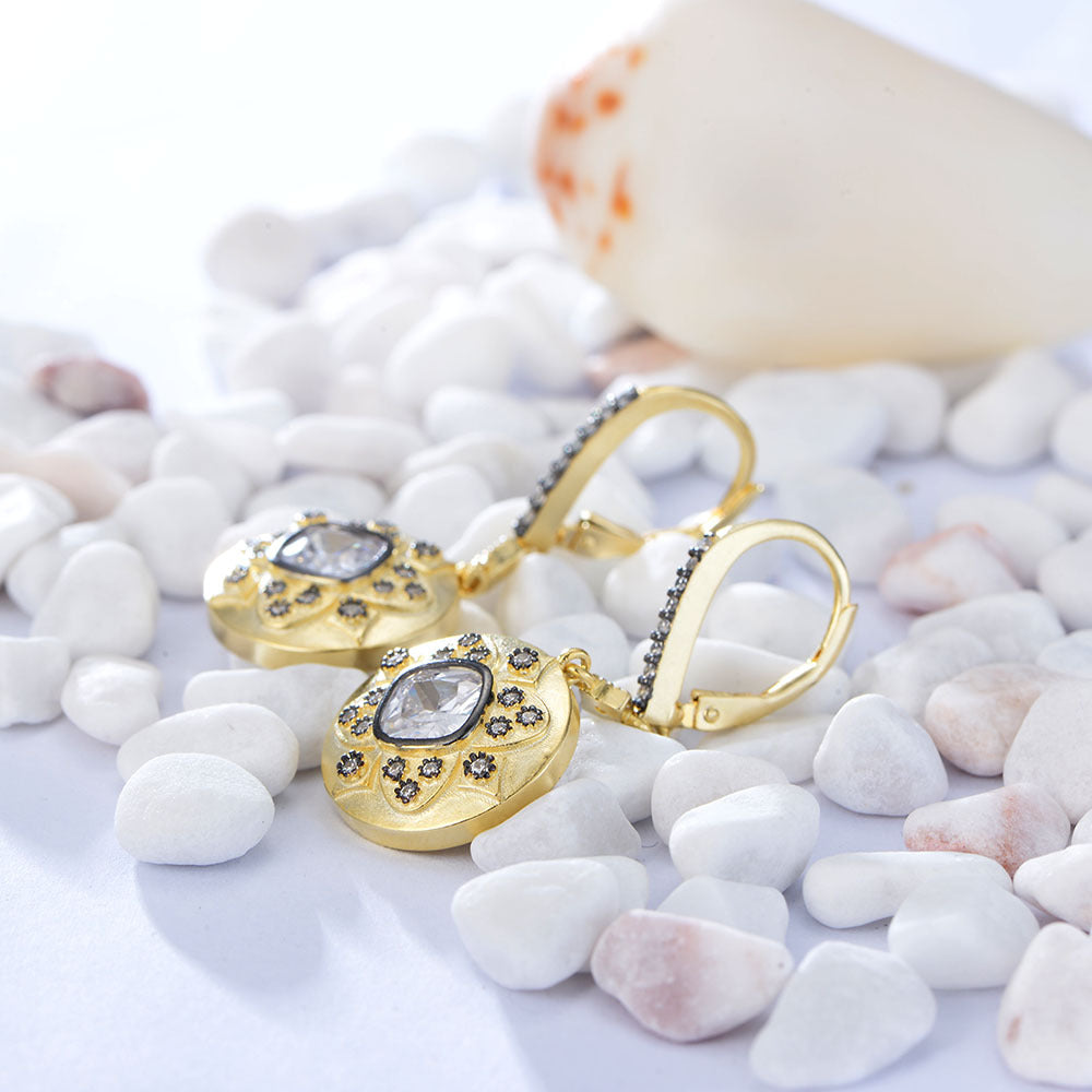 Gold Black Plated Vintage Leopard Round Lever back Drop Religious Earring