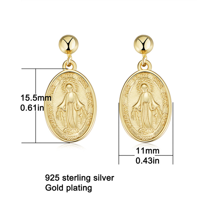 925 Silver Gold Plated Virgin Mary Oval Shaped Drop Earrings