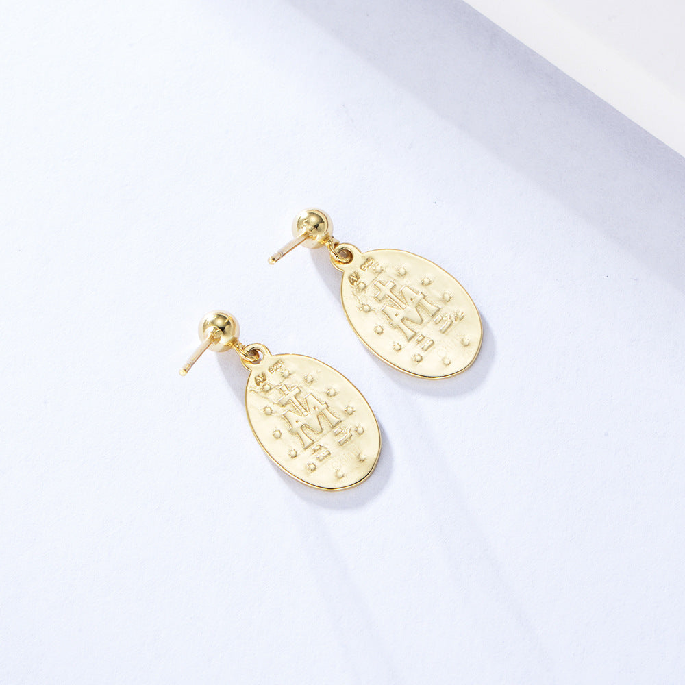 Gold Plated Virgin Mary Oval Shaped Drop Earrings