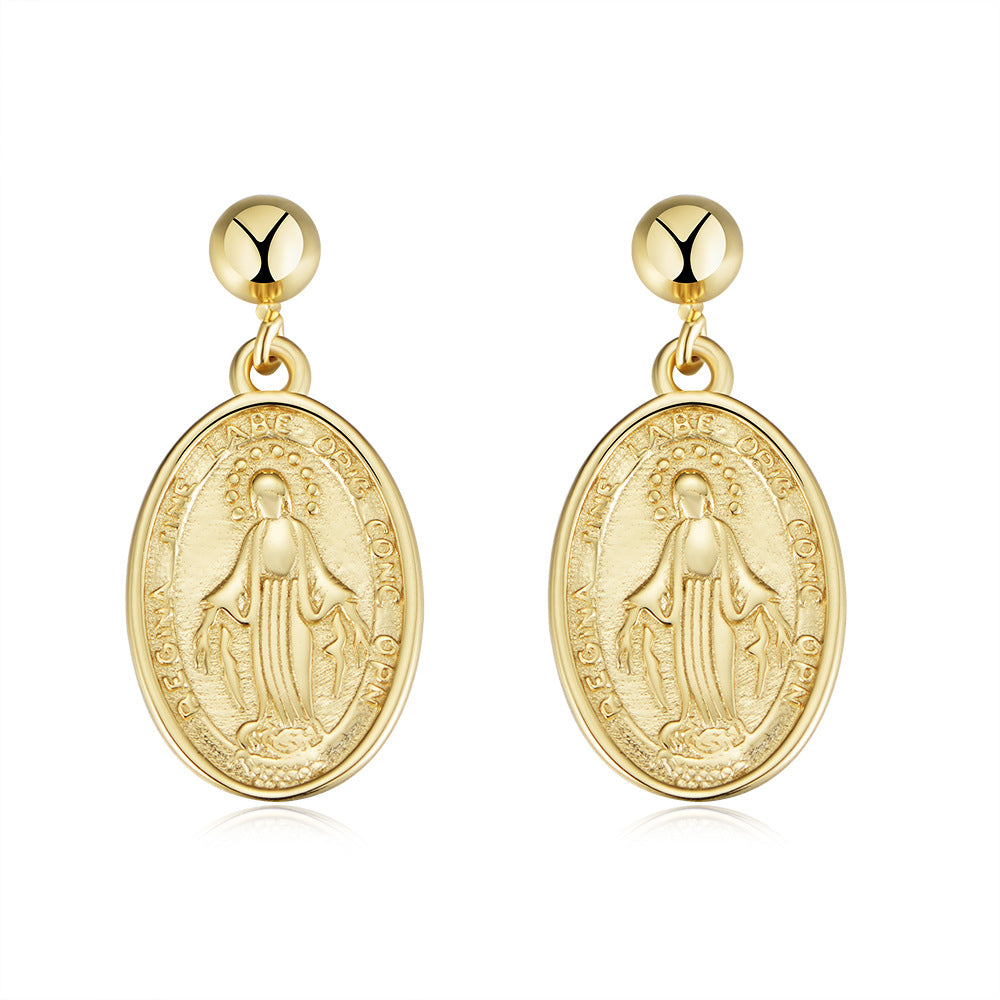 925 Silver Gold Plated Virgin Mary Oval Shaped Drop Earrings