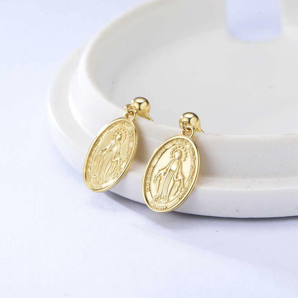 Gold Plated Virgin Mary Oval Shaped Drop Earrings