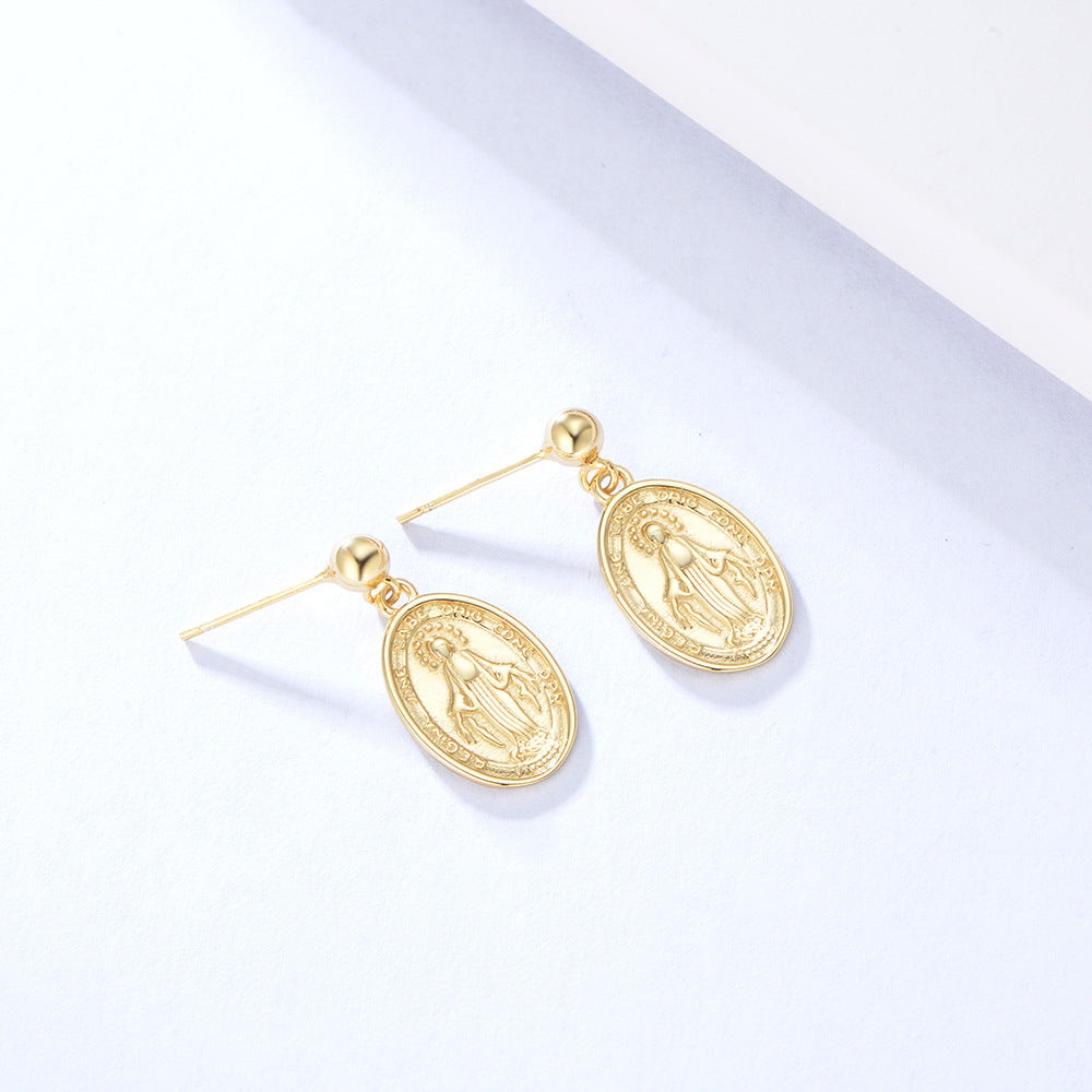 Gold Plated Virgin Mary Oval Shaped Drop Earrings