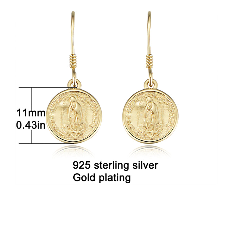 S925 Sterling Silver Gold Plated Round Coin Virgin Mary Hook Charm Earrings