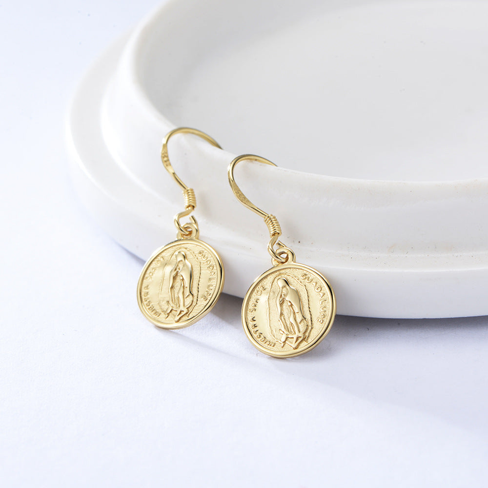 Round Coin Virgin Mary Hook Charm Earrings