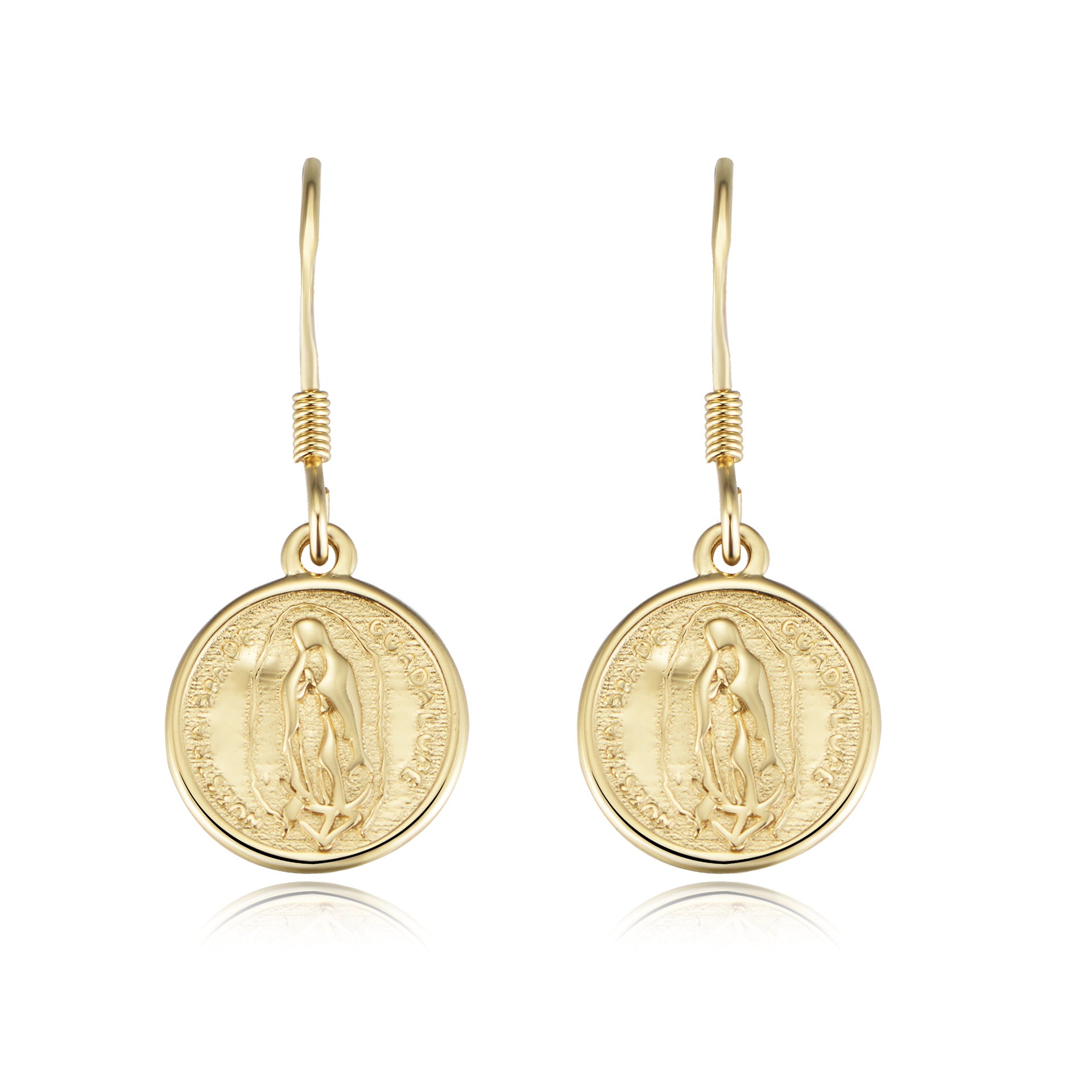 S925 Sterling Silver Gold Plated Round Coin Virgin Mary Hook Charm Earrings