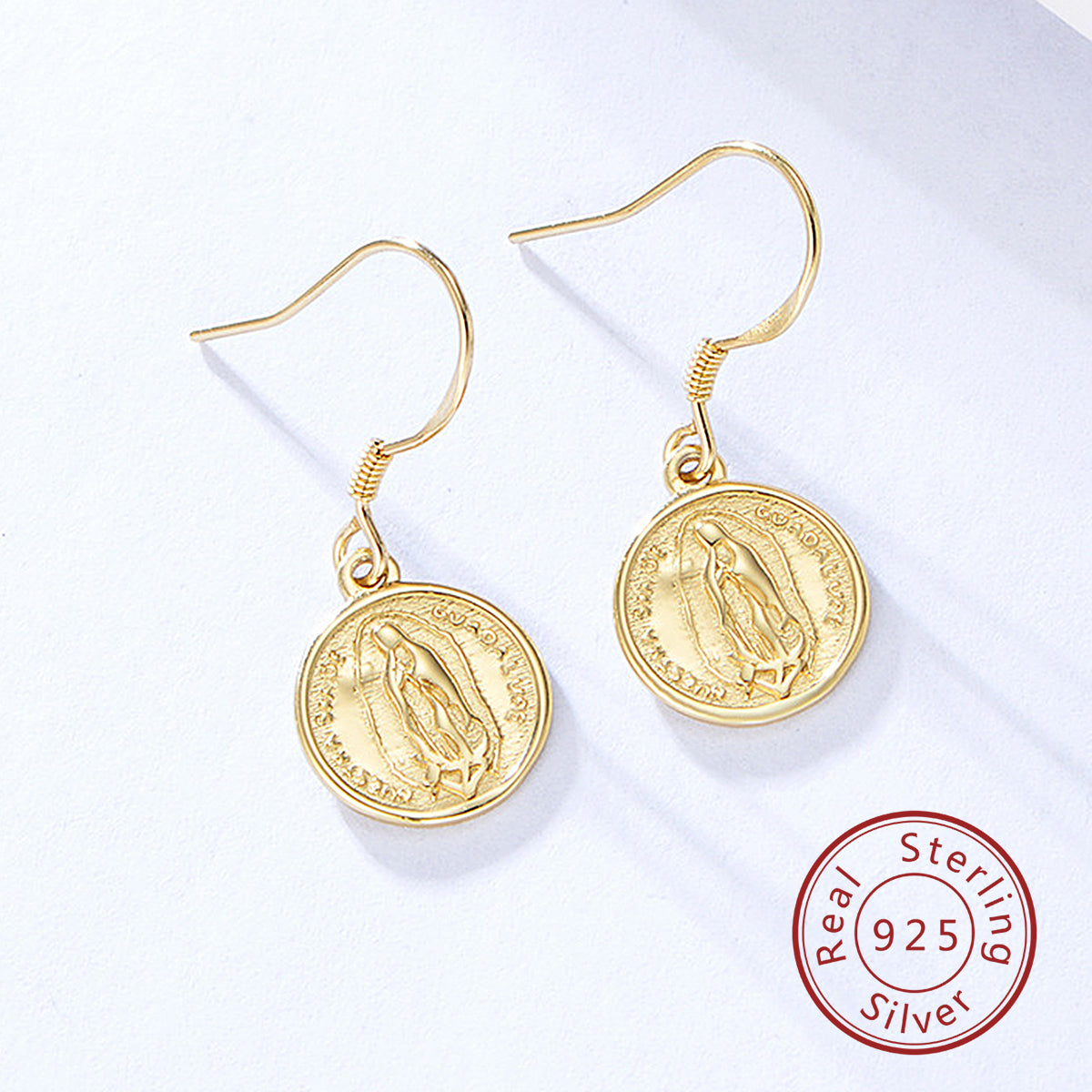 Round Coin Virgin Mary Hook Charm Earrings