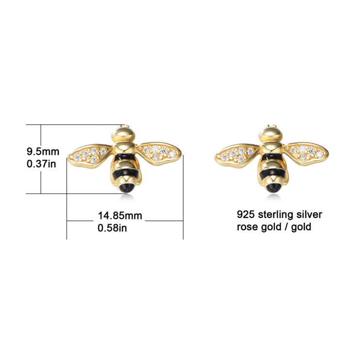 14K Gold Plated 925 Sterling Silver Zirconia Bee Enamel Stud Earrings