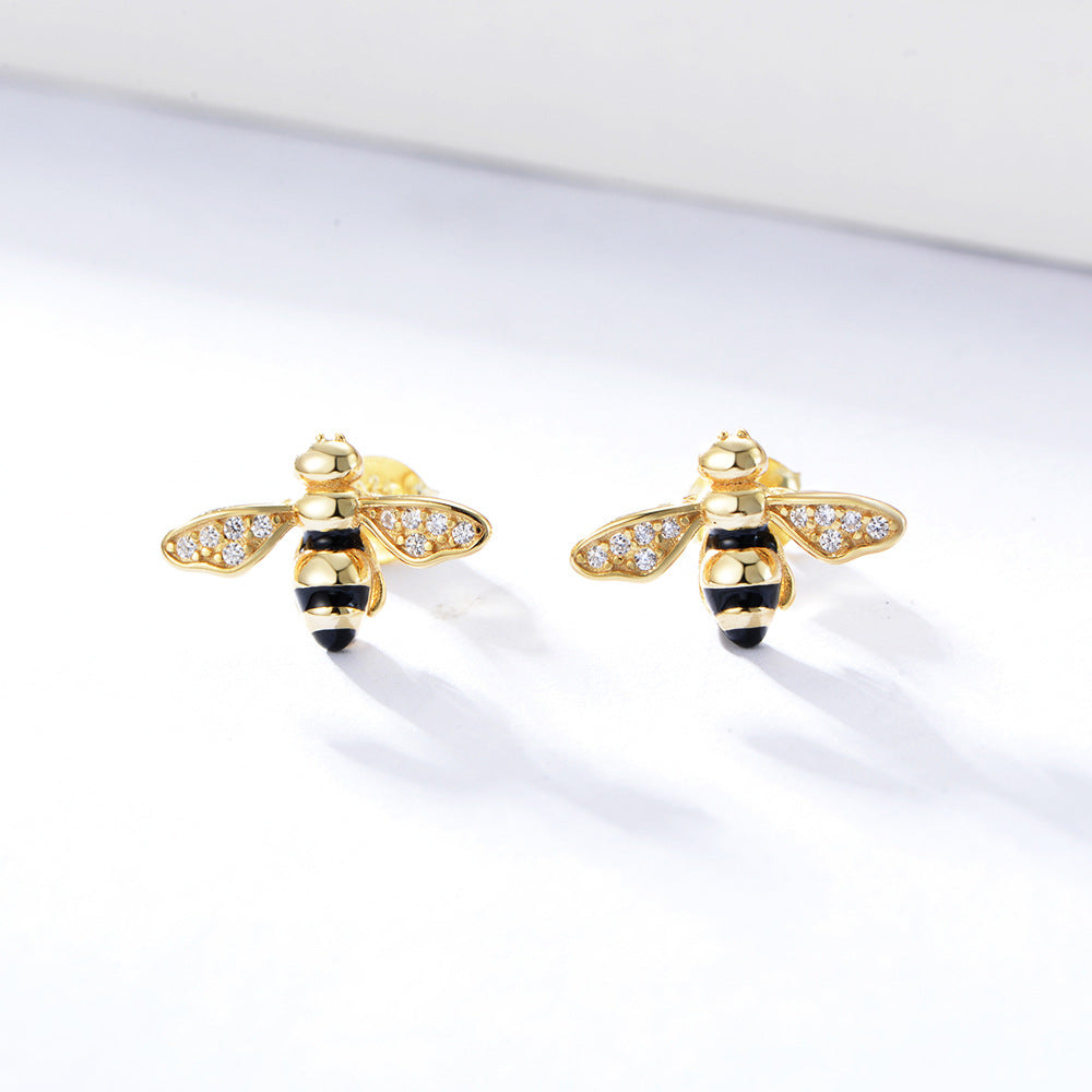 14K Gold Plated 925 Sterling Silver Zirconia Bee Enamel Stud Earrings