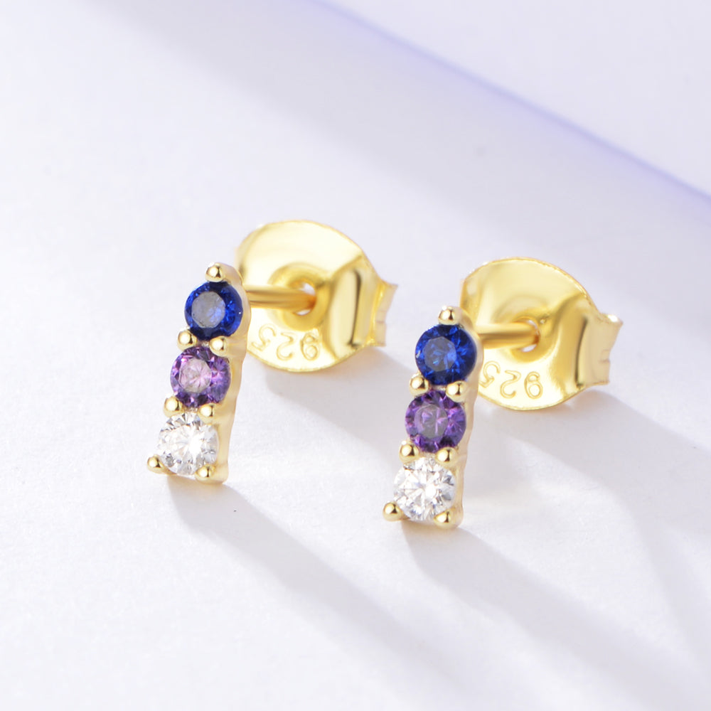 Minimalist Bar 925 Sterling Silver Colorful CZ Stud Earrings