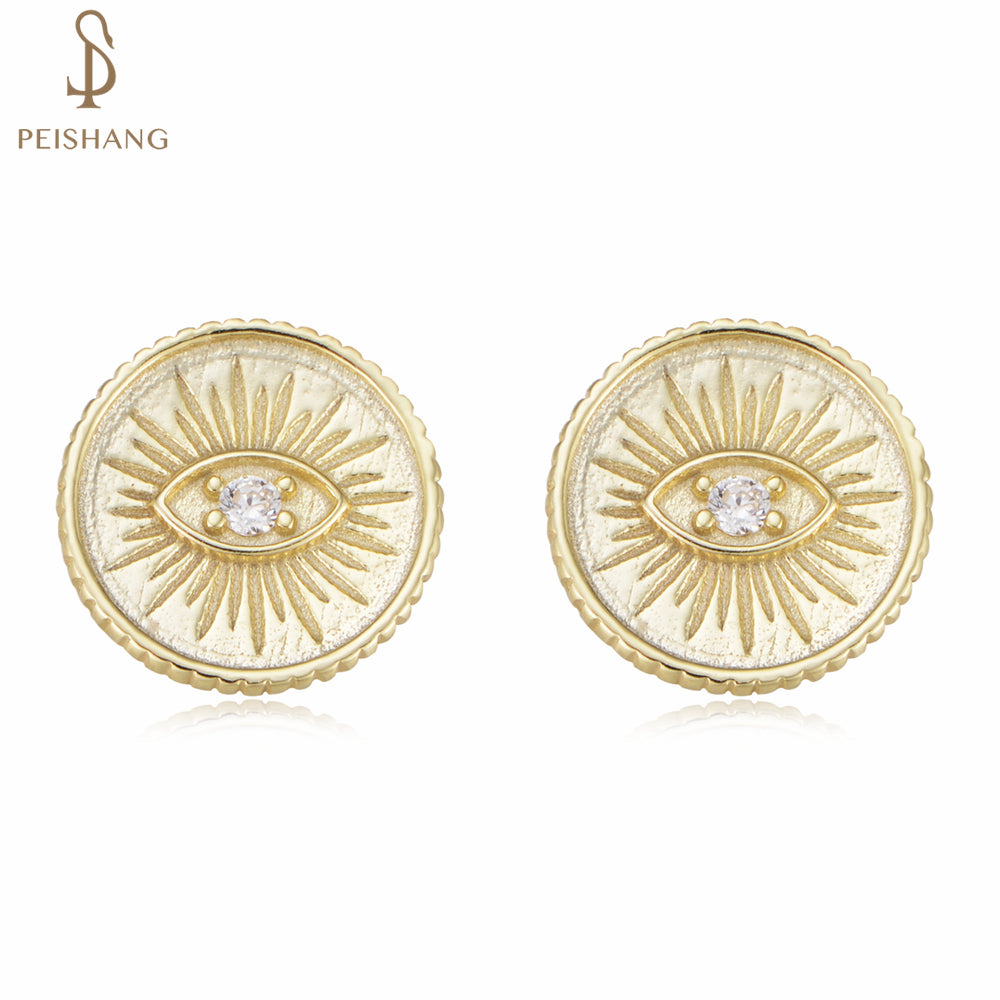 Fashion 925 Sterling Silver Clear Cubic Zircon Evil Eye Coin Stud Earrings