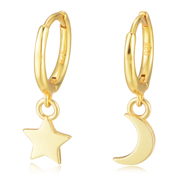 Simple Asymmetric Dangle Star Moon Mini Huggie Hoop Charm Earrings