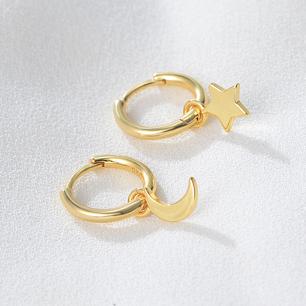 Simple Asymmetric Dangle Star Moon Mini Huggie Hoop Charm Earrings