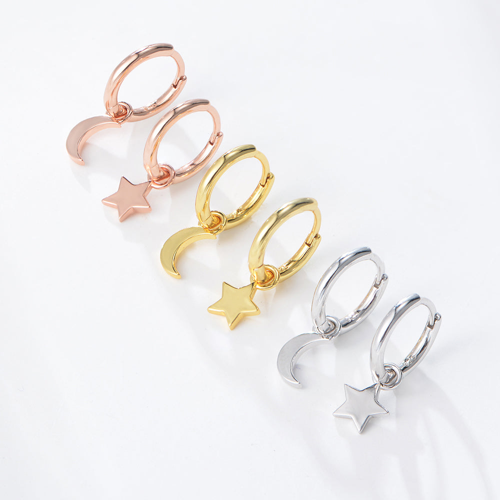 Simple Asymmetric Dangle Star Moon Mini Huggie Hoop Charm Earrings
