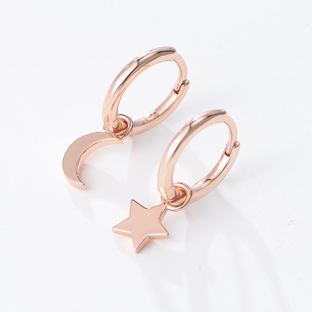 Simple Asymmetric Dangle Star Moon Mini Huggie Hoop Charm Earrings