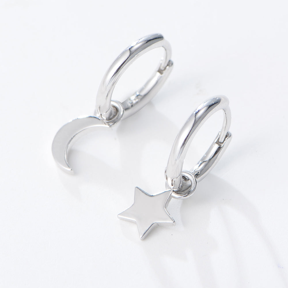 Simple Asymmetric Dangle Star Moon Mini Huggie Hoop Charm Earrings