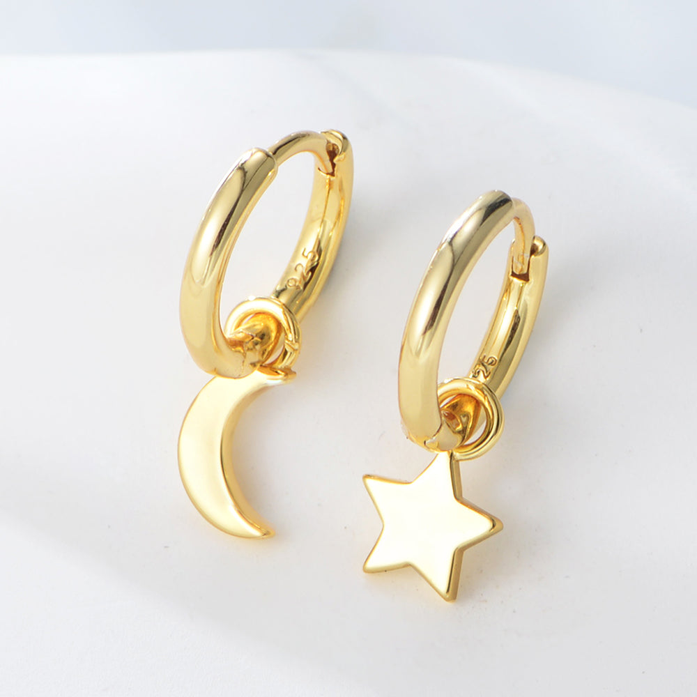 Simple Asymmetric Dangle Star Moon Mini Huggie Hoop Charm Earrings