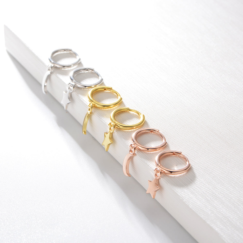 Simple Asymmetric Dangle Star Moon Mini Huggie Hoop Charm Earrings