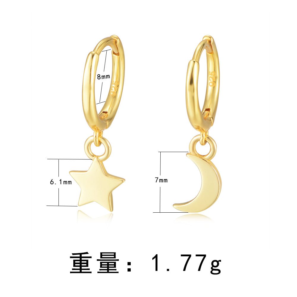 Simple Asymmetric Dangle Star Moon Mini Huggie Hoop Charm Earrings