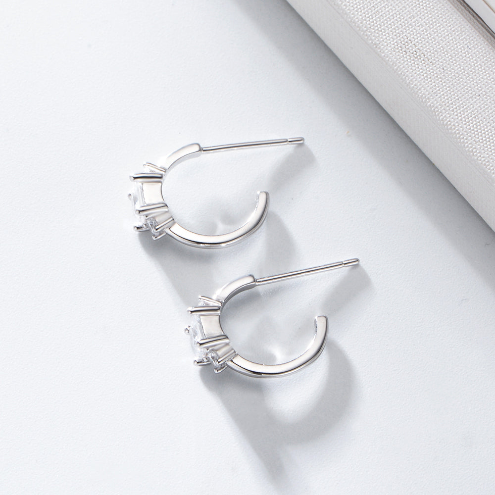 Simple C Shape 925 Sterling Silver Zircon Stud Earrings