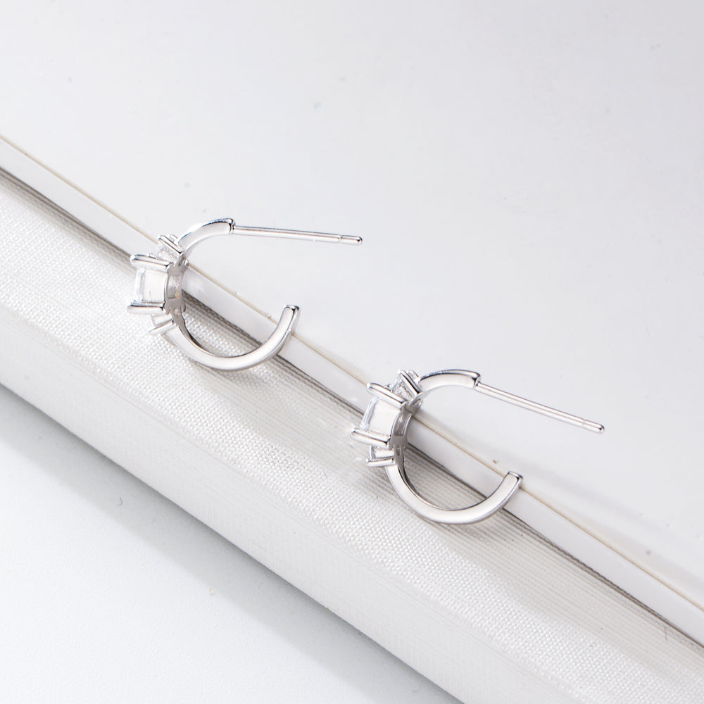 Simple C Shape 925 Sterling Silver Zircon Stud Earrings