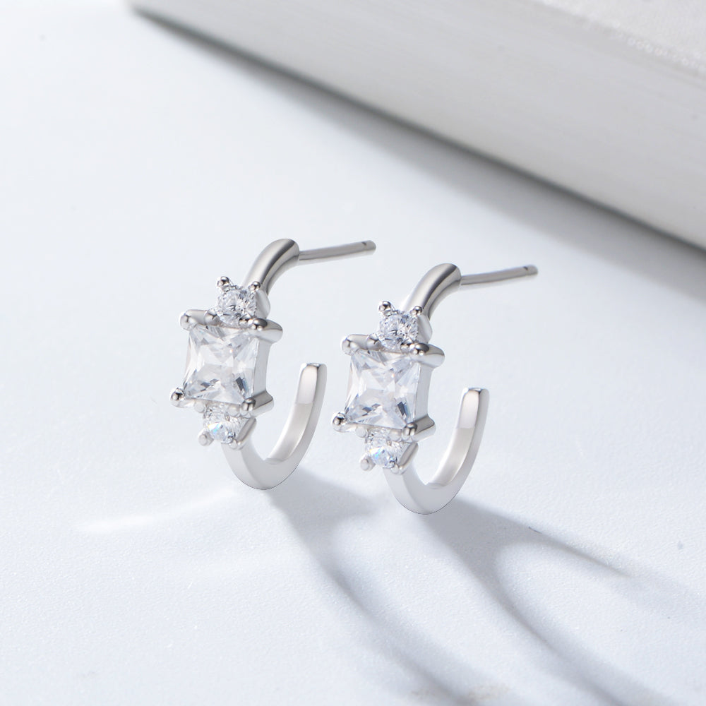 Simple C Shape 925 Sterling Silver Zircon Stud Earrings
