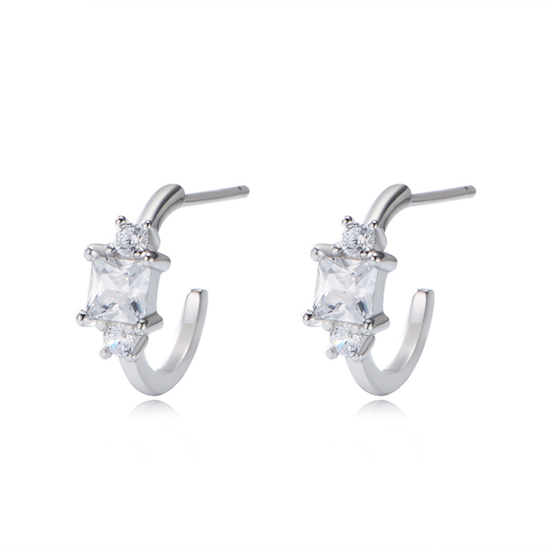 Simple C Shape 925 Sterling Silver Zircon Stud Earrings