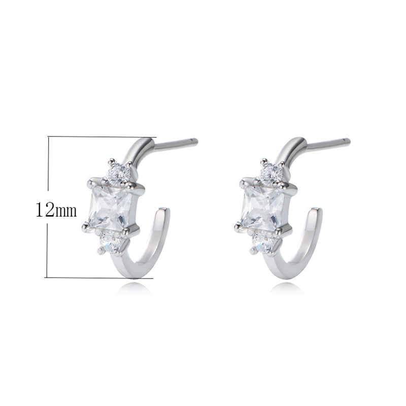 Simple C Shape 925 Sterling Silver Zircon Stud Earrings