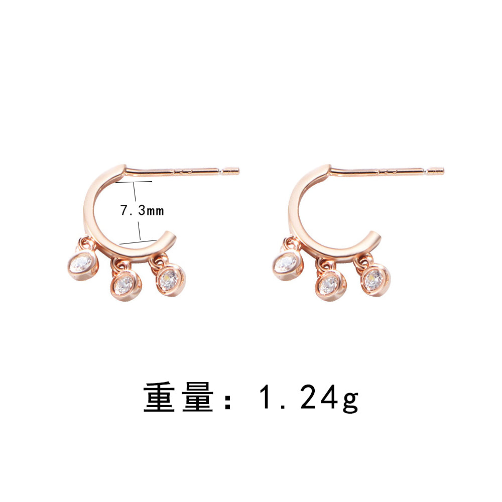 C Shape 925 Silver Rose Gold Plated Zircon Charm Earrings