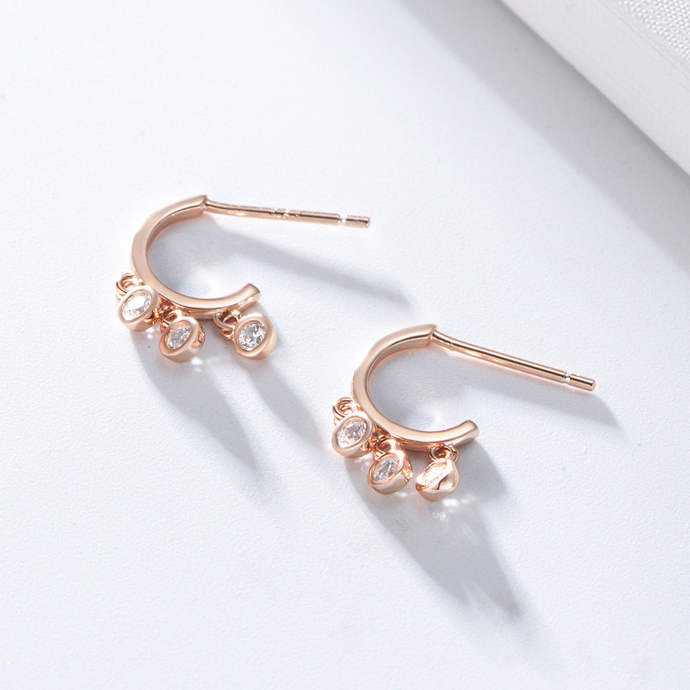 C Shape 925 Silver Rose Gold Plated Zircon Charm Earrings