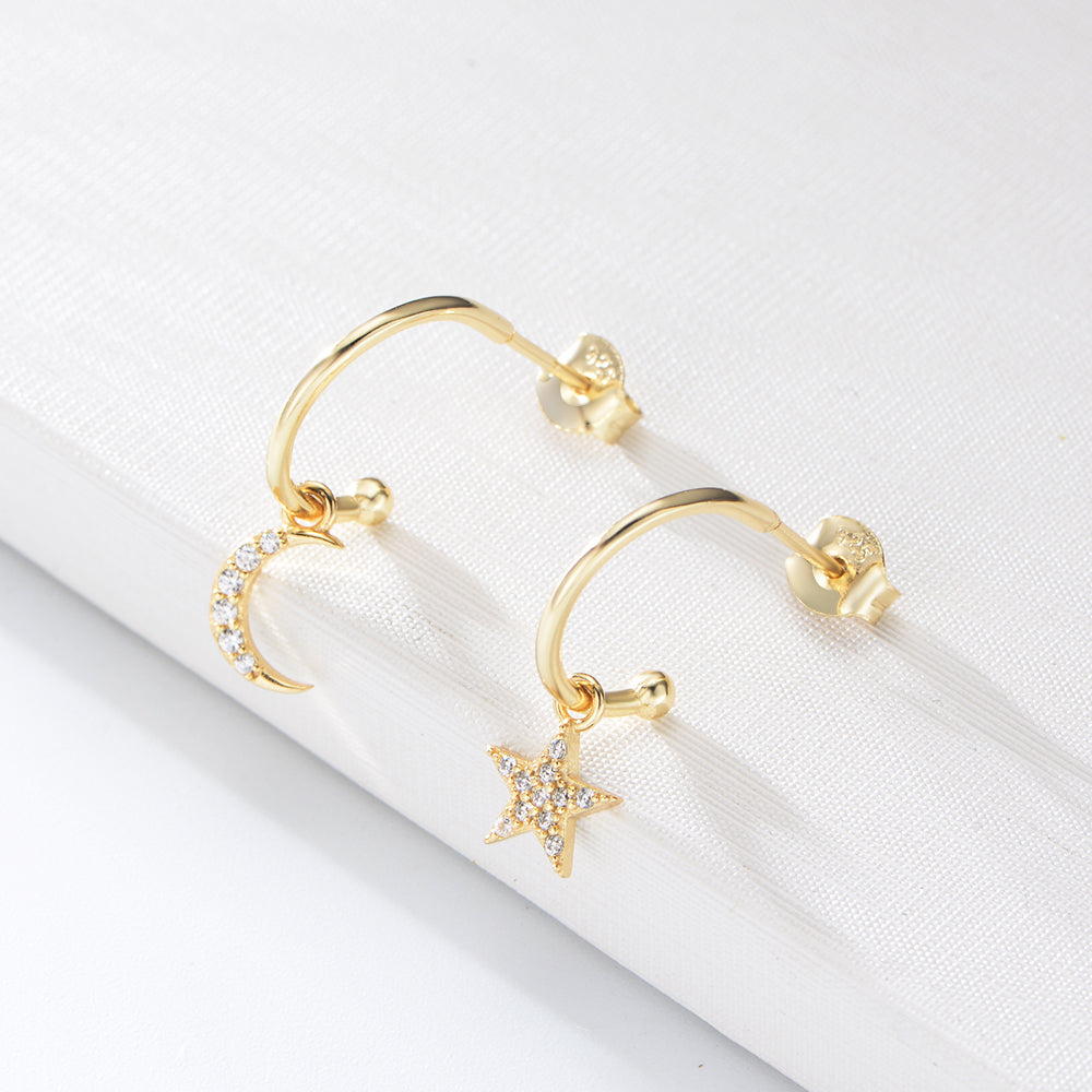 Fashion Gold Plated Jewelry Classic Moon Star Charm Stud Earrings