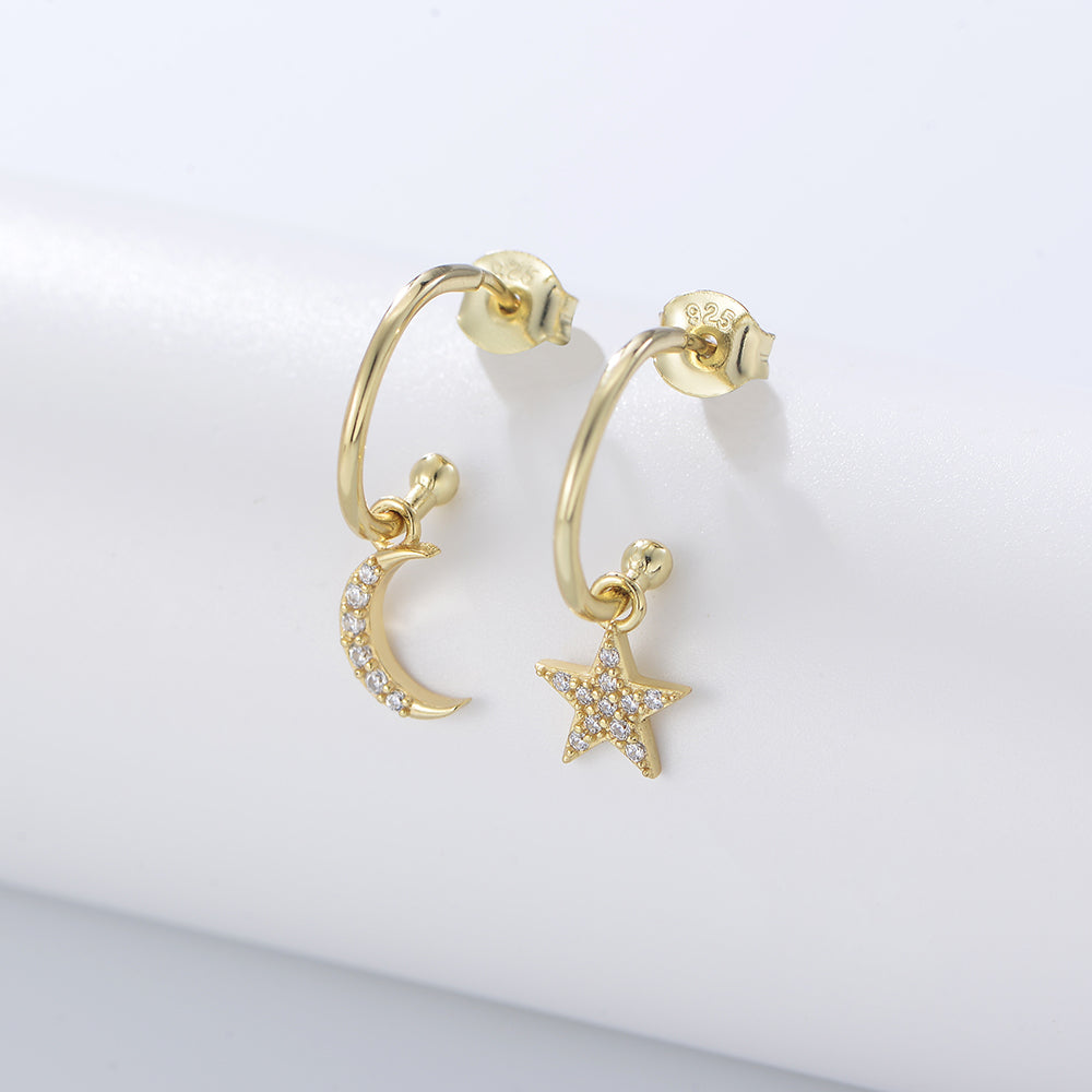 Fashion Gold Plated Jewelry Classic Moon Star Charm Stud Earrings