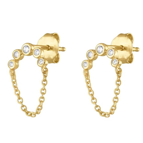 Luxury CZ Zirconia Gold Plated Long Link Chain Stud Earring