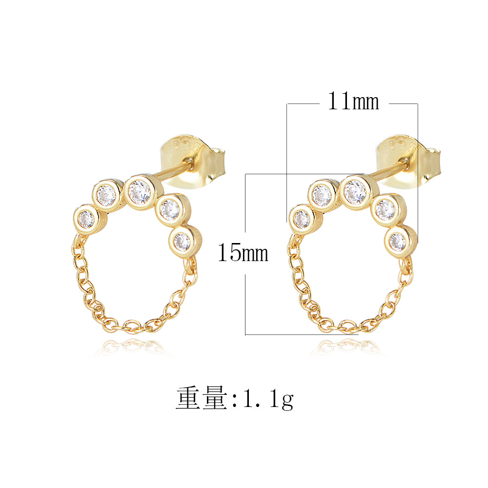 Luxury CZ Zirconia Gold Plated Long Link Chain Stud Earring