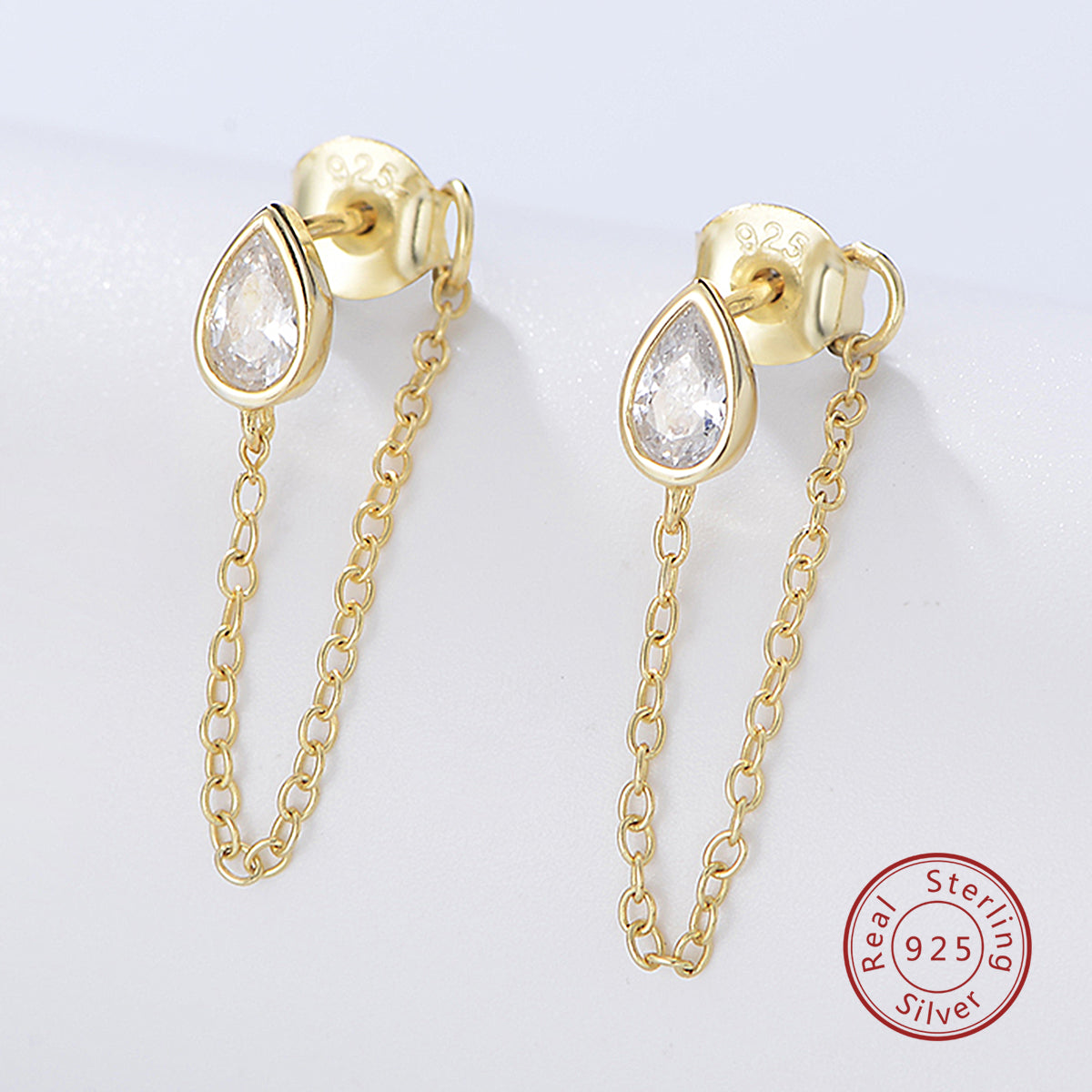 Zircon Stud Chain Link Hoops Gold Long Chain Dangle Earrings