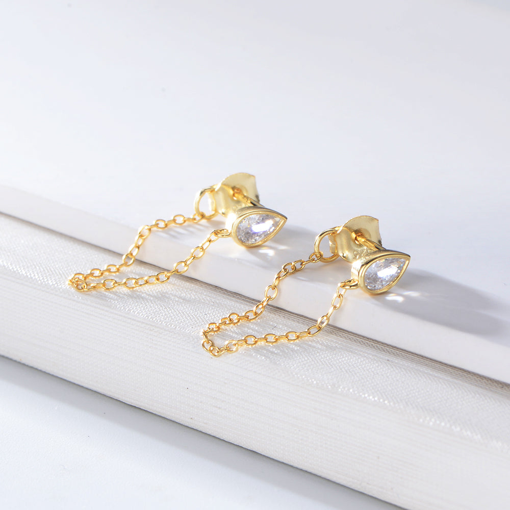 Zircon Stud Chain Link Hoops Gold Long Chain Dangle Earrings