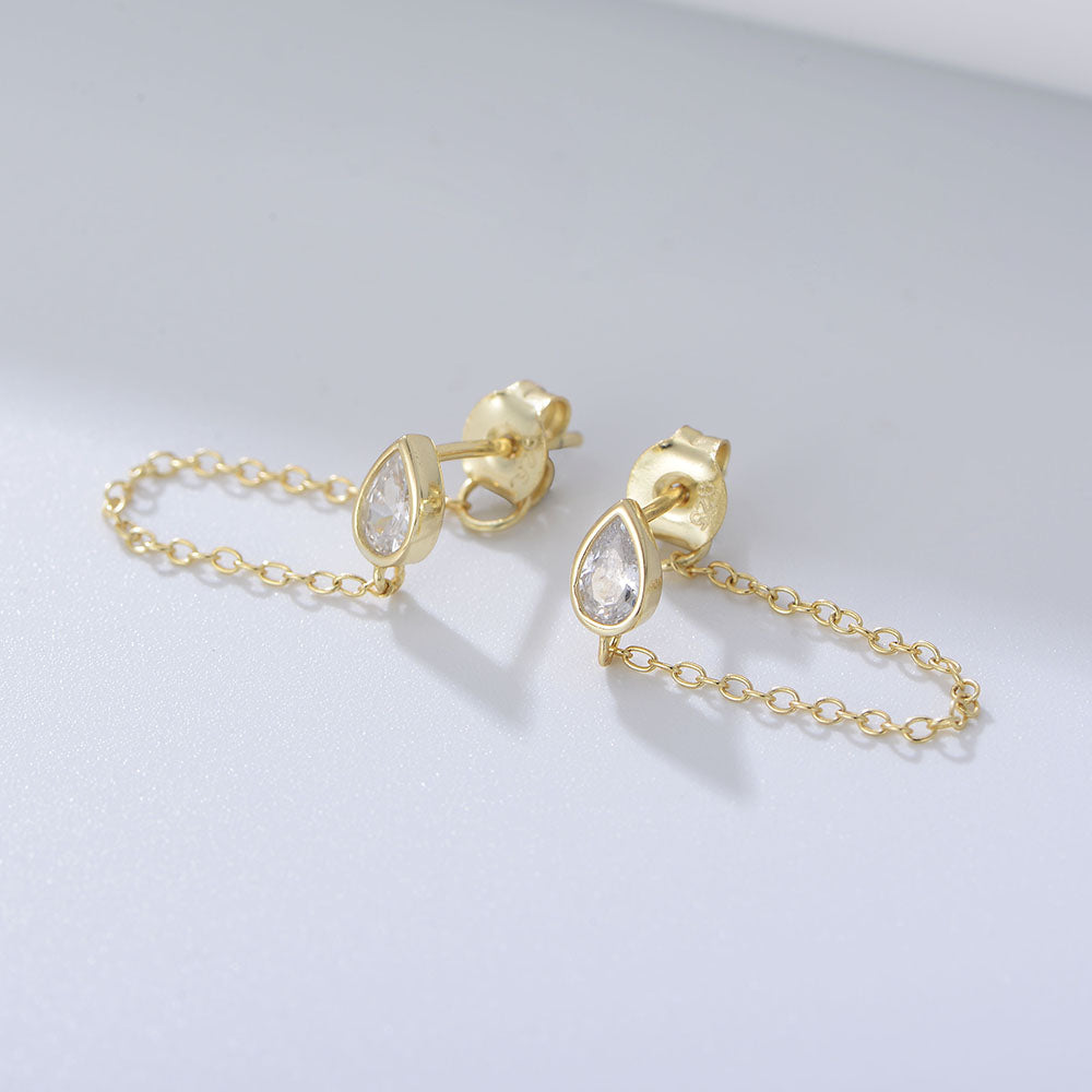 Zircon Stud Chain Link Hoops Gold Long Chain Dangle Earrings