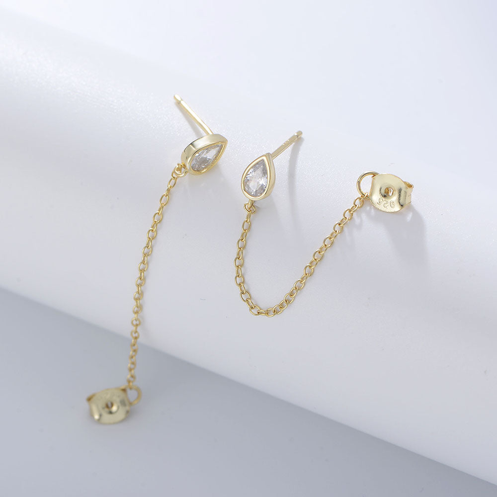 Zircon Stud Chain Link Hoops Gold Long Chain Dangle Earrings