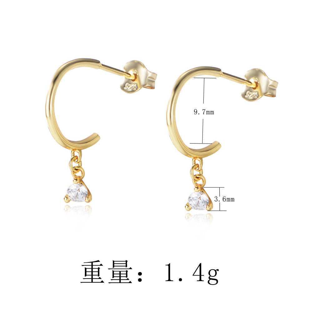 Simple S925 Sterling Silver Gold Plated Claw Setting Zircon Hanging Stud Earrings