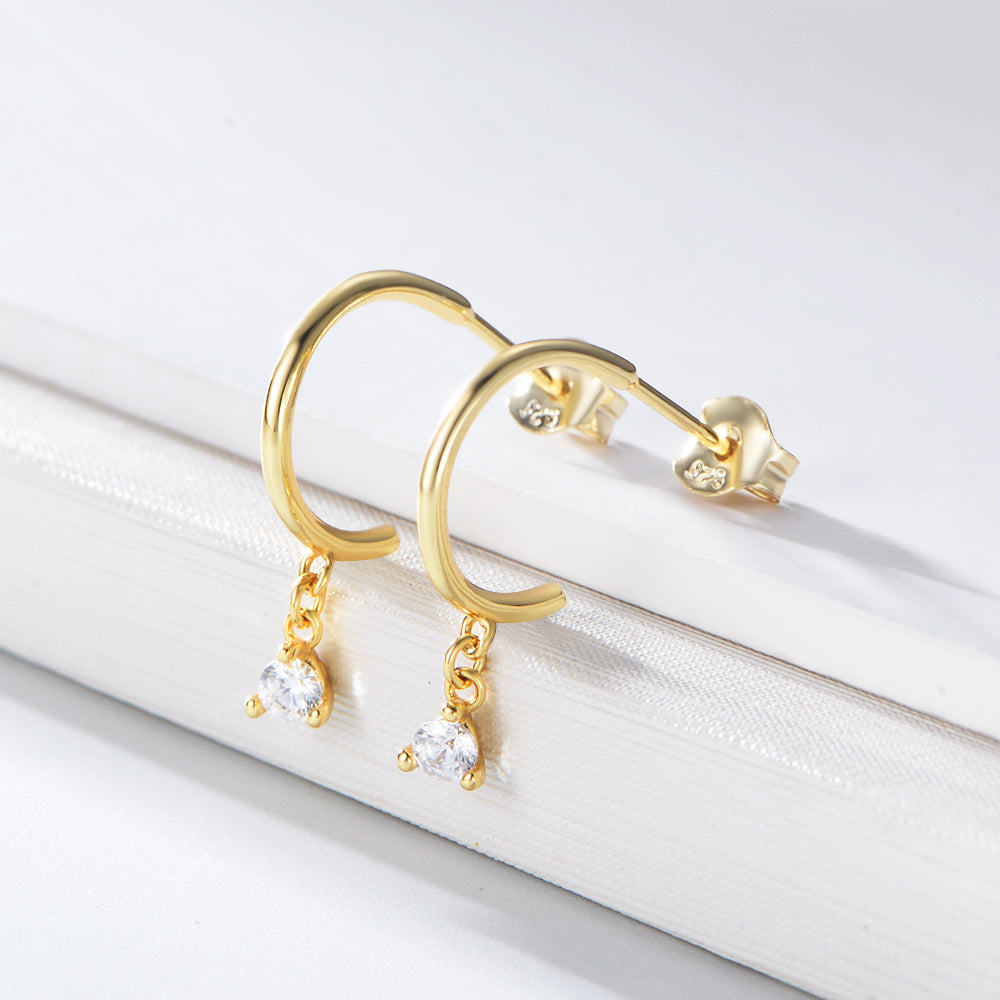 Simple Gold Plated Claw Setting Zircon Hanging Stud Earrings