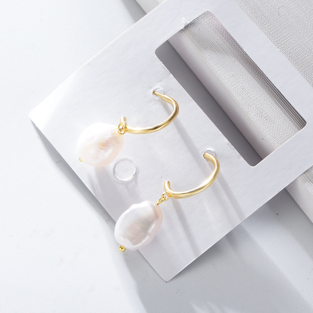 Simple 925 Silver 14K Gold Plated Pearl Earrings