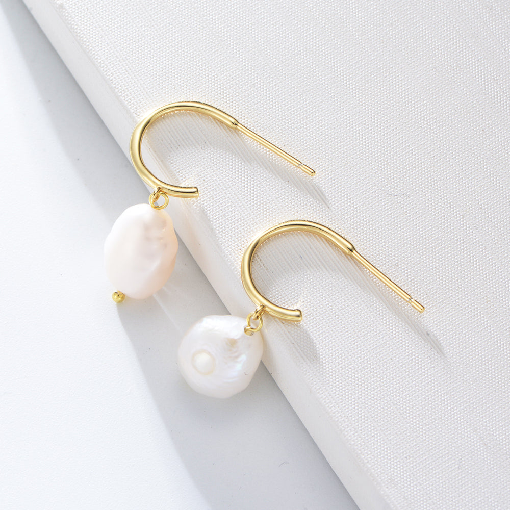 Simple 925 Silver 14K Gold Plated Pearl Earrings